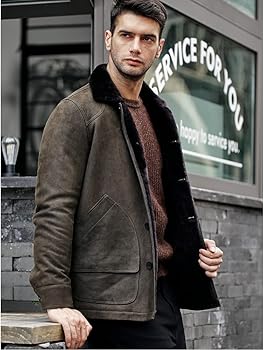 Denny&Dora Mens Shearling Jacket Lapel Collar Leather Jacket Green